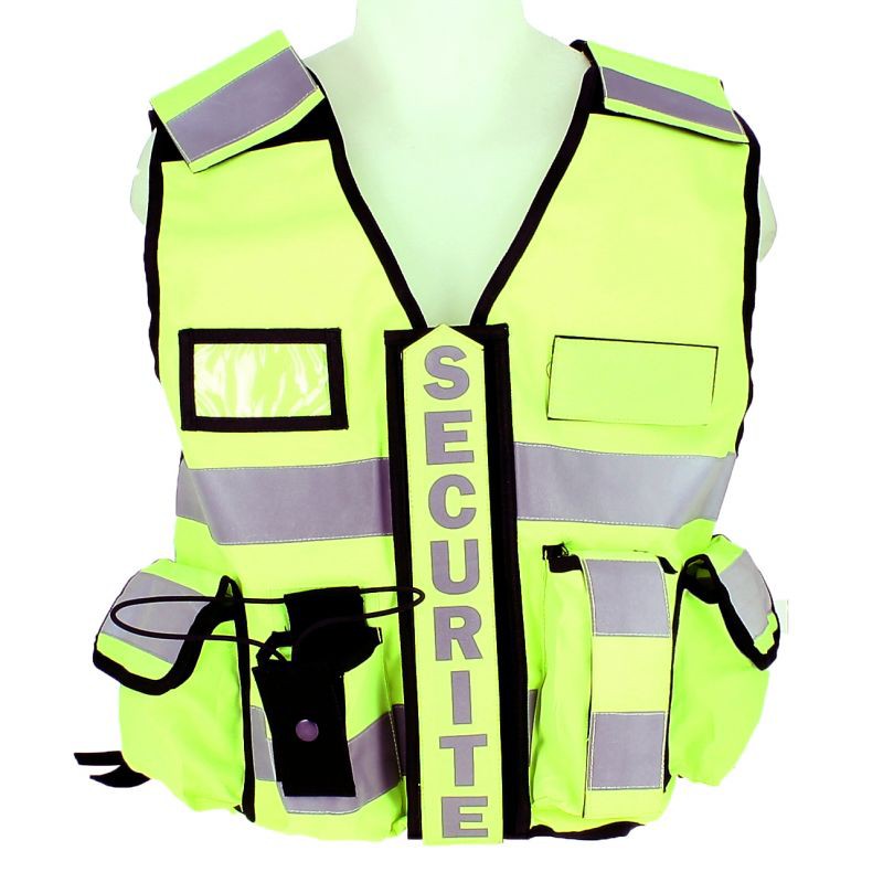 GILET AGENT DE SECURITE VERT-FLUO AVEC BANDE